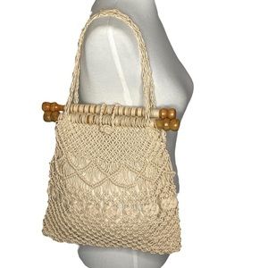 Macrame Boho Shoulder Handbag Purse Cream Beige Crochet Wood